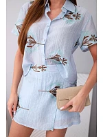 Dámský komplet košile s krátkým rukávem a sukně-šortky vyšívané modrý