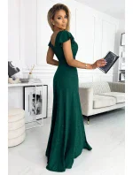 411-1 CRYSTAL třpytivé dlouhé šaty s výstřihem - BOTTLE GREEN