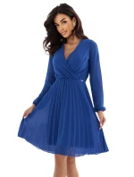 313-18 ISABELLE Elegantní plisované šaty s výstřihem a dlouhými rukávy - chrpově modré