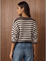 Dámský oversize kardigan s pruhy v barvě fango-béžové, FashionStreet MY2641 Dámský oversize kardigan s pruhy v barvě fango-béžové, FashionStreet MY2641