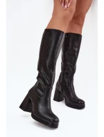 Dámské Kozáky Před Kolena Na Zip Podpatek Sloupek Černé Selvia