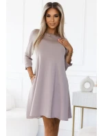 579-1 Klasické trapézové šaty s černým páskem - béžové