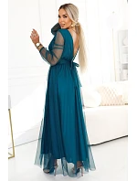 664-2 Dlouhé maxi šaty s tylovými rukávy a obálkovým výstřihem - lahvově zelené