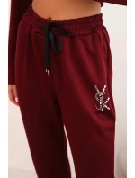 Dámský komplet s viskózou s ozdobami a elastickými kalhotami bordový