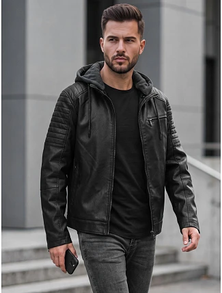 Pánská kožená zateplená bunda s kapucí, černá, FashionStreet TX5143 Pánská kožená zateplená bunda s kapucí, černá, FashionStreet TX5143