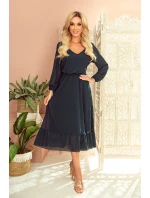 Dámské šifonové šaty v lahvově zelené barvě v délce midi, s dekoltem a volánkem 304-2