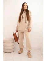 Dámský teplákový komplet zateplený z bavlny s kapucí béžový