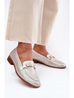 Kožené dámské mokasíny se zdobením na plochém podpatku S.Barski LR51-594 stříbrné