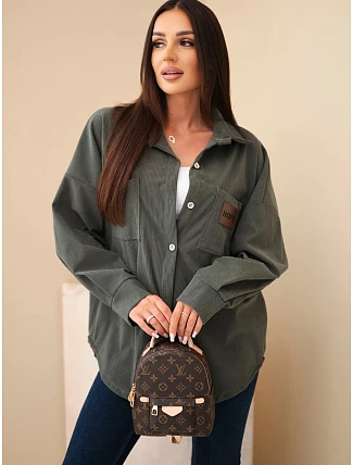 Dámská košile oversize z manšestru z kapsami a dlouhým rukávem z bavlny khaki Dámská košile oversize z manšestru z kapsami a dlouhým rukávem z bavlny khaki