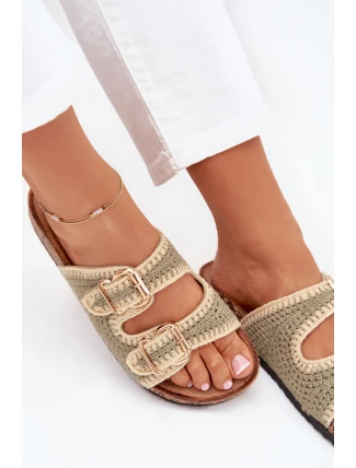 Dámské háčkované pantofle se zlatými přezkami – zelené Fenira