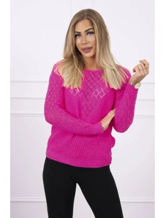 Dámský svetr s ažurovým zdobením neonově růžový - Kesi Dámský svetr s ažurovým zdobením neonově růžový - Kesi