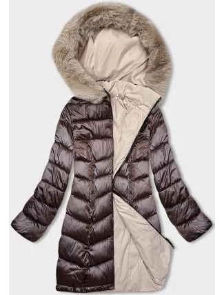Hnědo-béžová dámská zimní oboustranná bunda s kapucí (B8202-14046)