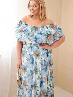 Dámské šaty Plus Size s volánem, s odhalenými rameny a elastickým pasem maxi modrá