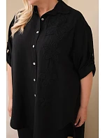 Dámská košile Plus Size z viskózy s květinovou výšivkou černá