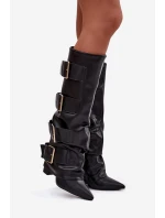 Dámské kozačky na podpatku s otočeným horním lemem a zlatými sponami Černé Isavelle