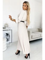 462-1 SERENA Plisované maxi šaty s výstřihem, páskem a 3/4 rukávy - BEACH 462-1 SERENA Plisované maxi šaty s výstřihem, páskem a 3/4 rukávy - BEACH