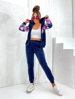 Dámská velurová souprava s růžemi tmavě modrá (8210)