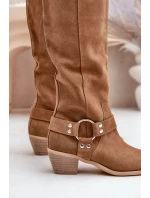 Semišové kozačky na nízkém podpatku s holeněmi nad kolenem Zazoo 3444/O Camel