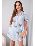 Dámský komplet košile s krátkým rukávem a sukně-šortky vyšívané modrý
