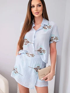 Dámský komplet košile s krátkým rukávem a sukně-šortky vyšívané modrý