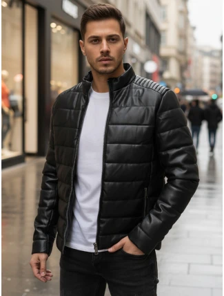 Pánská prošívaná zimní kožená bunda černá FashionStreet TX5114