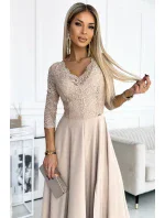 309-10 AMBER krajkové elegantní dlouhé šaty s výstřihem a rozparkem na nohou - BEACH