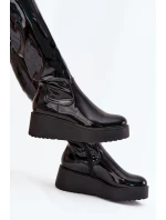 Lakované Kozačky Nad Kolena Na Platformě A S Delikátní Podpatkem Černé Tavina