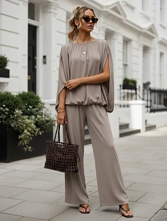 Dámská viskózová souprava se širokými kalhotami, béžová, FashionStreet AY1202
