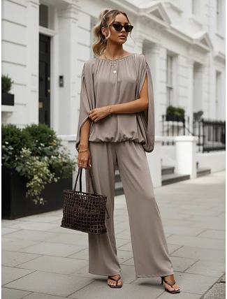 Dámská viskózová souprava se širokými kalhotami, béžová, FashionStreet AY1202