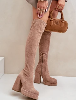 Kozačky S Návrhem Nad Koleno Na Podpatku A Platformě Béžové Nadelian