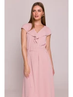 S411 Šaty bez rukávů s volánkovým výstřihem - pudrové