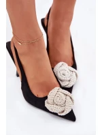 Lodičky na podpatku s ozdobou Anodera – černé (eko semiš)