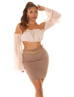 616-1 Přiléhavá sukně s vysokým pasem a páskem - barva cappuccino
