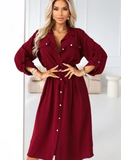 651-2 Emery - kostkované midi šaty s knoflíky a páskem - vínové