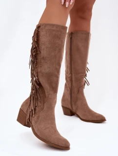 Dámské kozačky na podpatku s třásněmi zateplené khaki Firlina