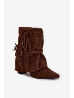 Dámské kotníkové boty na sloupkovém podpatku s třásněmi a zlatými přezkami Evelisse – hnědé Dámské kotníkové boty na sloupkovém podpatku s třásněmi a zlatými přezkami Evelisse – hnědé