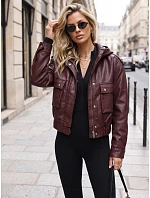 Dámská kožená bunda s kapucí, vínová, FashionStreet TY5855 Dámská kožená bunda s kapucí, vínová, FashionStreet TY5855