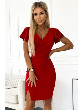 479-3 Šaty NINA s obálkovým výstřihem, rukávy a páskem - ČERVENÉ 479-3 Šaty NINA s obálkovým výstřihem, rukávy a páskem - ČERVENÉ