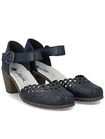 Dámské kožené sandály na jehlovém podpatku pohodlné ažurové tmavě modré Rieker 40902-14 Dámské kožené sandály na jehlovém podpatku pohodlné ažurové tmavě modré Rieker 40902-14