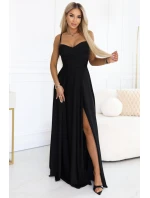 646-4 Dlouhé společenské šaty bez ramínek s rozparkem na nohou - černé