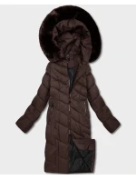 Hnědá dlouhá dámská bunda s kapucí (7662#-F01)