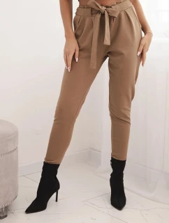 Dámské kalhoty z bavlny s vázáním v pase a zúženými nohavicemi camelové