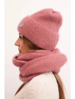 Dámská souprava s čepicí a šálou z měkké pleteniny tmavě pudrově růžová