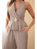 Dámský viskózový komplet: zavazovací top a kalhoty se širokou nohavicí fango