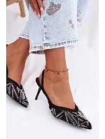 Ozdobené sandály s síťkou na jehlovém podpatku Černé Bedira