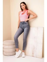 Dámský žebrovaný top bez rukávů v proužcích s výstřihem růžový neon