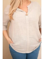 Dámská bavlněná halenka Plus Size s výstřihem na knoflíky béžová