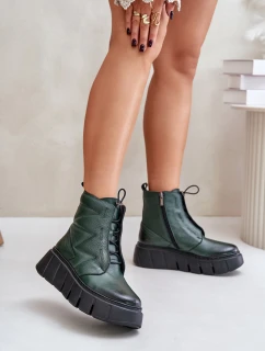 Zazoo 60472 Kožené Boty Na Platformě A Klínu Tmavě Zelené