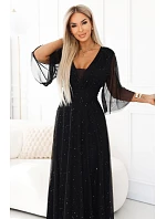 654-5 Dlouhé lesklé plus size šaty s výstřihem a průhlednými rukávy - černé