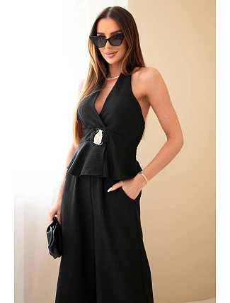 Dámský viskózový komplet s vázaným topem a kalhotami se širokou nohavicí černý